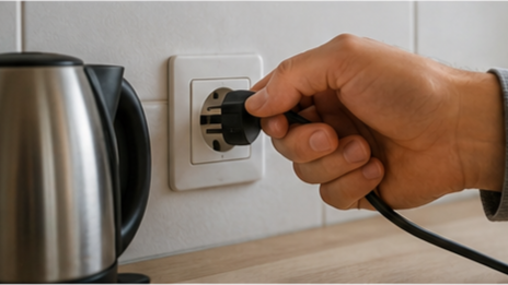 Mão a desligar equipamento elétrico antes das férias para reduzir riscos e poupar energia em casa