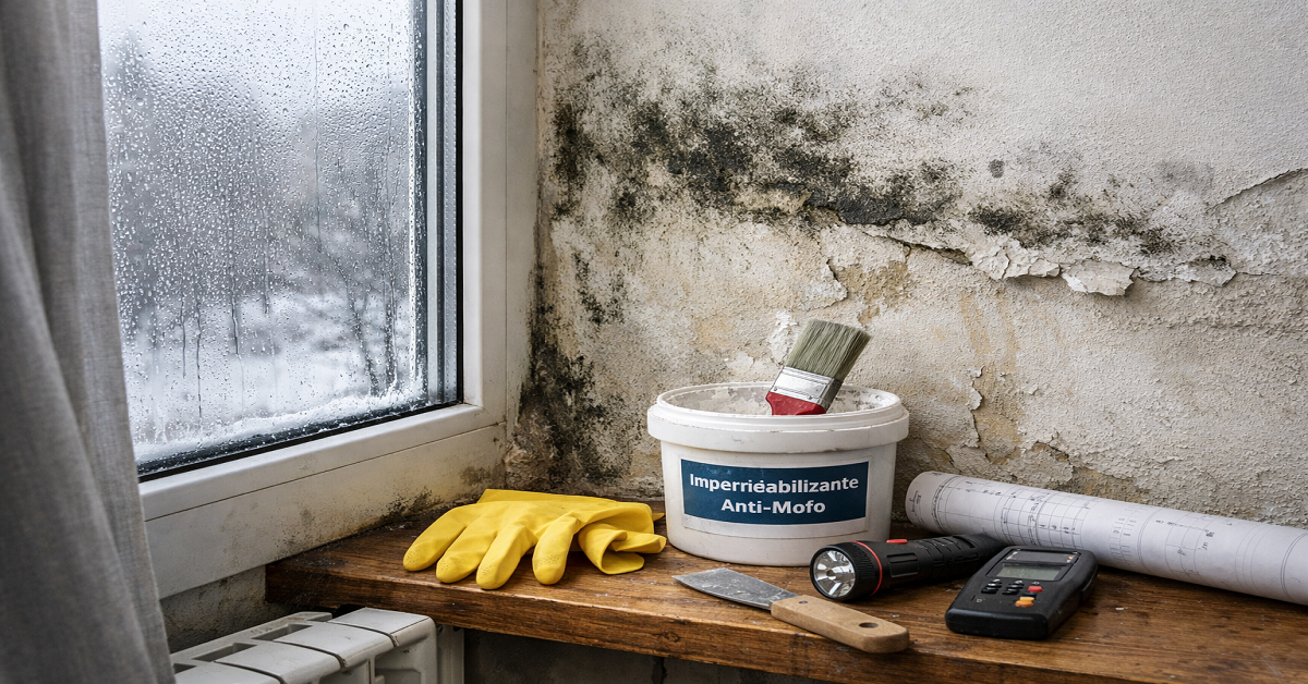 Bolor negro visível no canto da parede, com materiais de limpeza e reparação. Sinais de alerta de humidade e bolor que afetam a saúde respiratória.