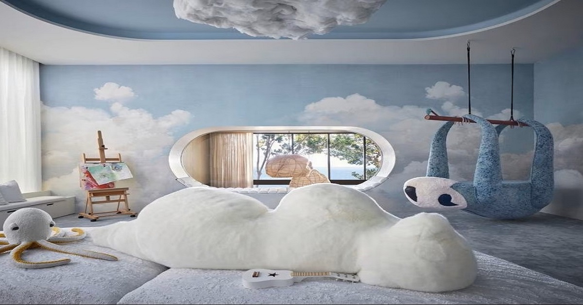 Quarto infantil criativo com decoração inspirada em nuvens e na tonalidade Cloud Dancer, promovendo um ambiente lúdico e calmo.